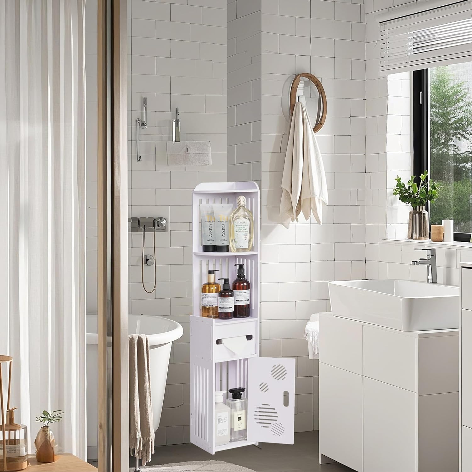 VECELO Corner Shelf Stand, Small Bathroom Storage Cabinet for Narrow Space