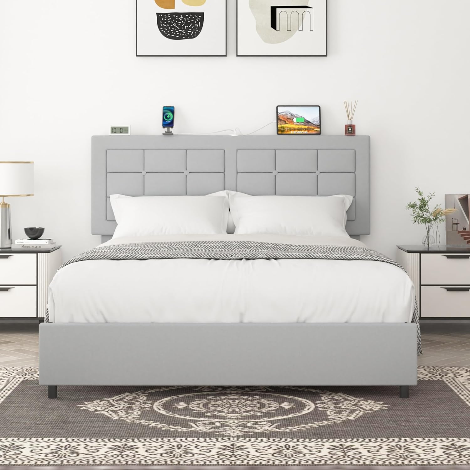 VECELO Bed Frame with 4 Drawers, Adjustable Tufted Button Headboard