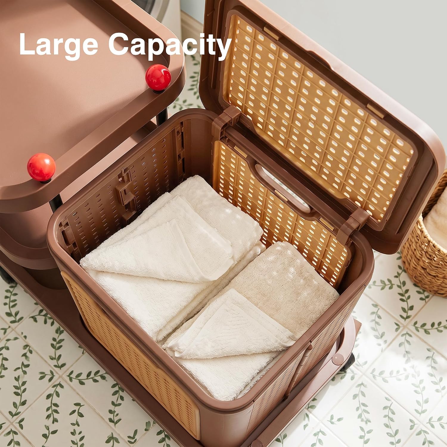 VECELO Rattan-Style Rolling Laundry Hamper Cart