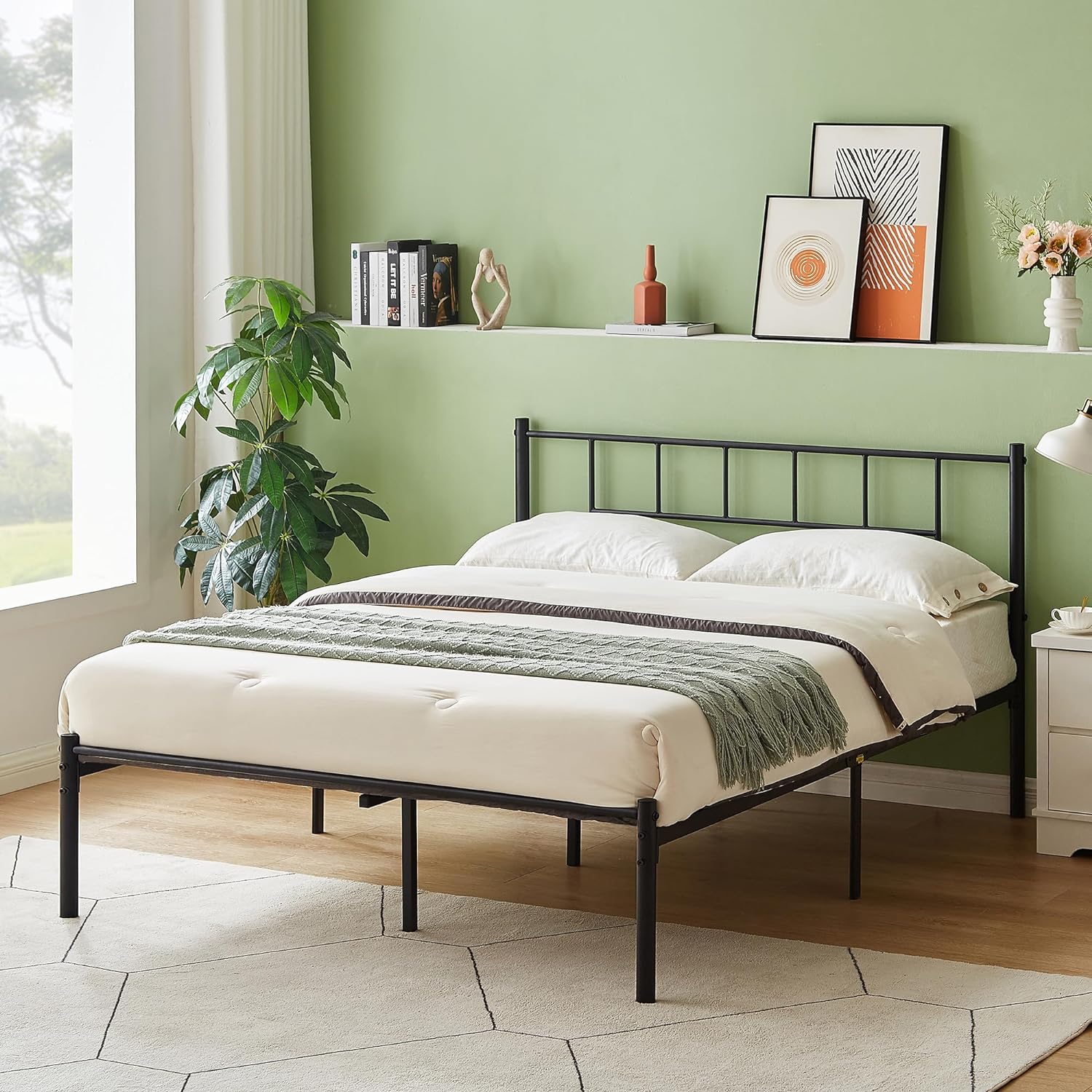 VECELO Bed Frame, 14 Inch Metal Platform with Headboard, Heavy Duty Steel Slat Support - VECELO
