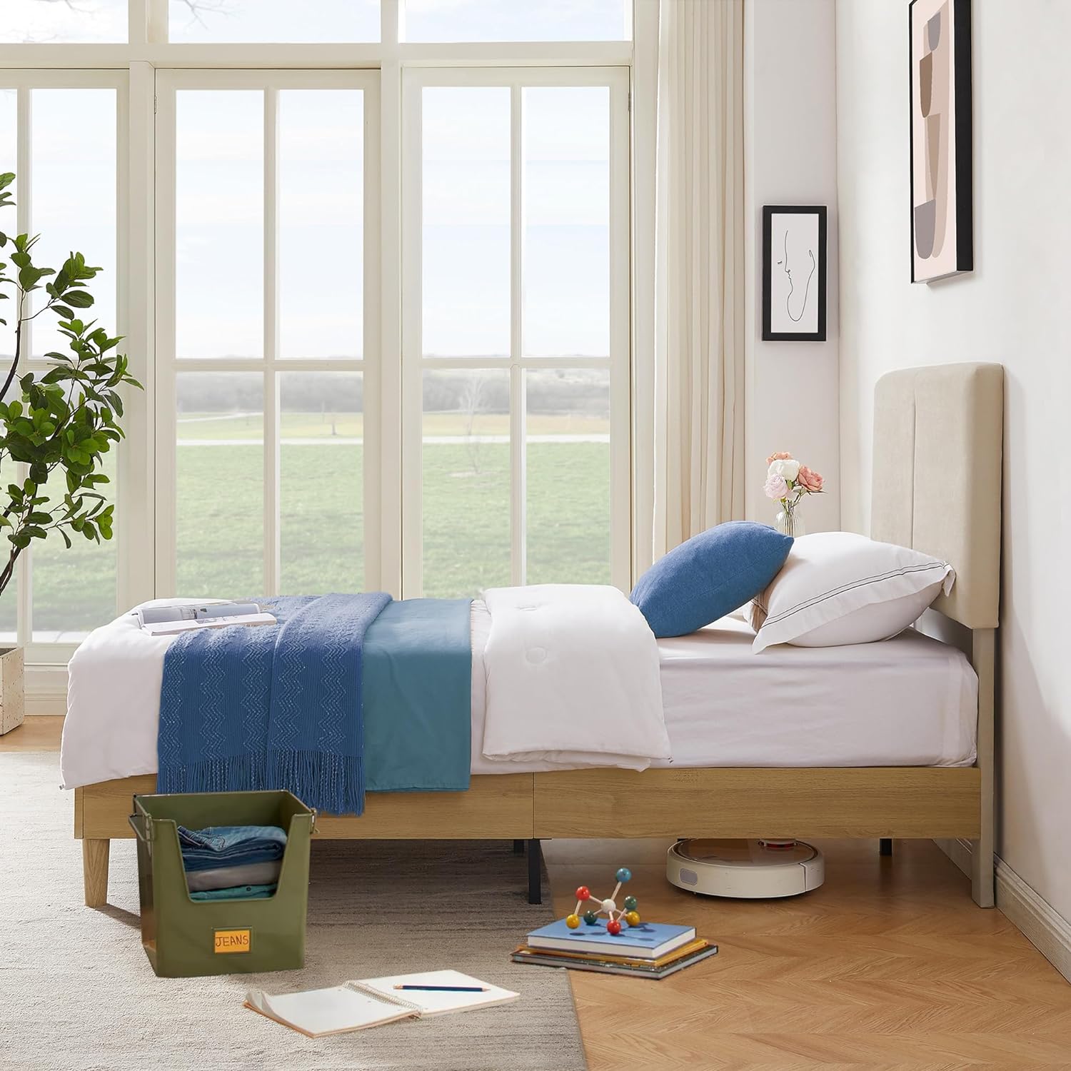 VECELO Upholstered Platform Bed Frame with Height-Adjustable Cotton and Linen Headboard