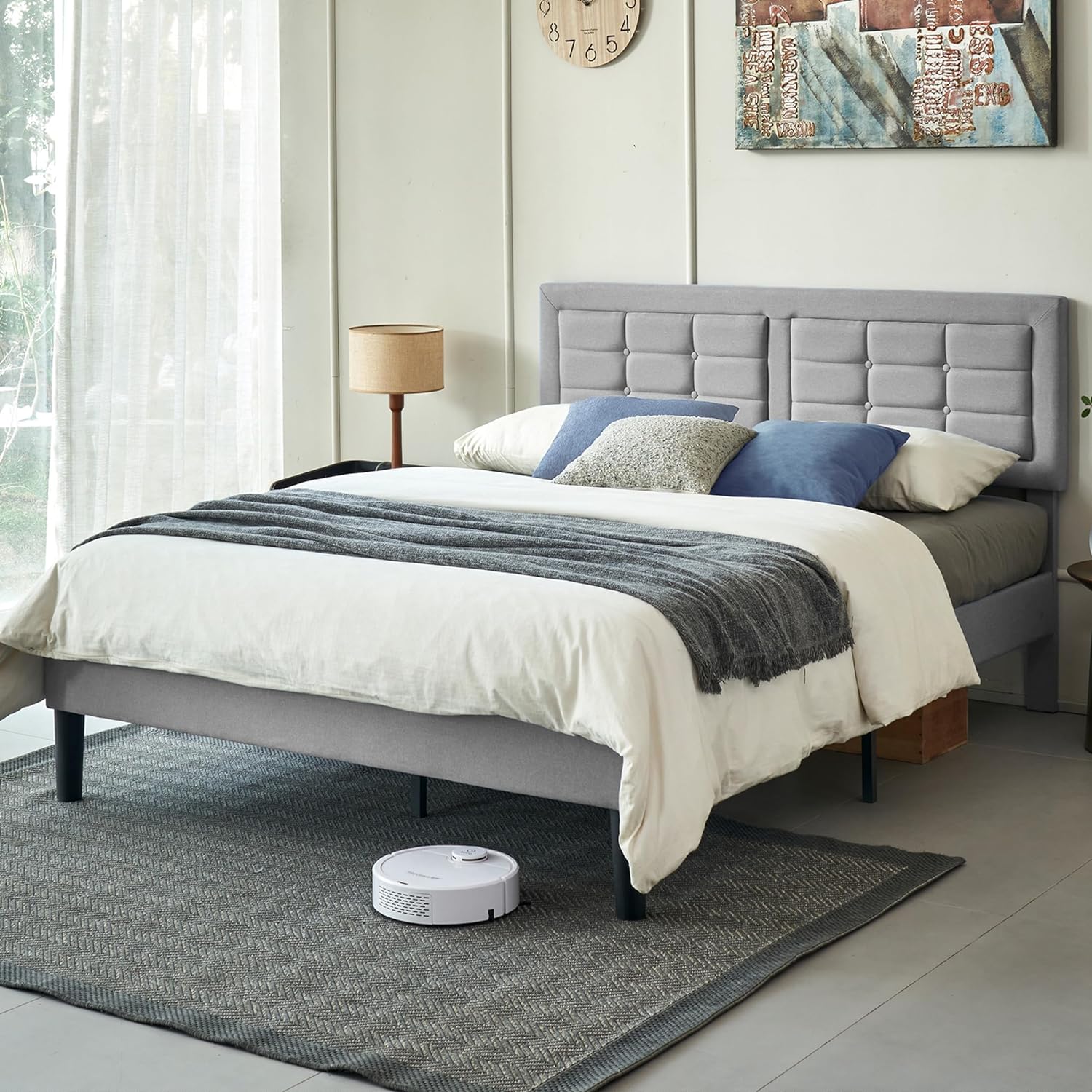 VECELO Upholstered Platform Bed Frame with Height Adjustable Headboard