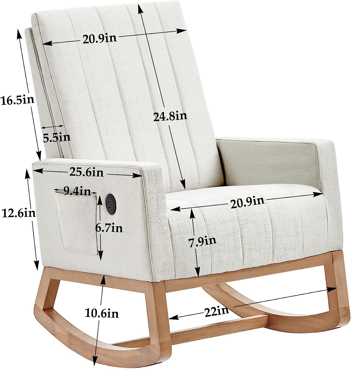 VECELO Rocking Chair Upholstered Nursery Glider Rocker High Backrest Comfy Armchair with Side Pocket and USB Port