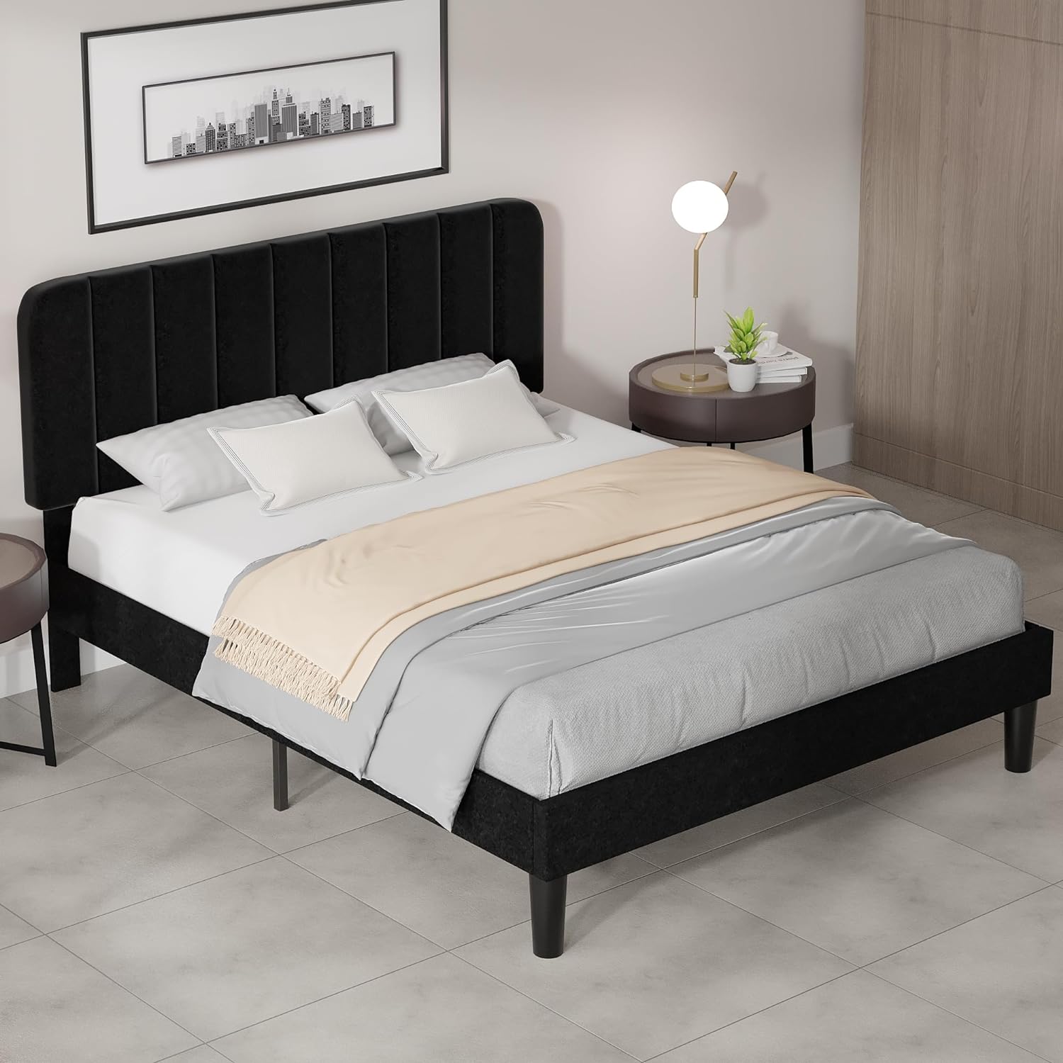 VECELO Twin Size Bed Frame with Adjustable Headboard, Velvet Heavy Duty Platform Beds with Strong Wood Slats Support