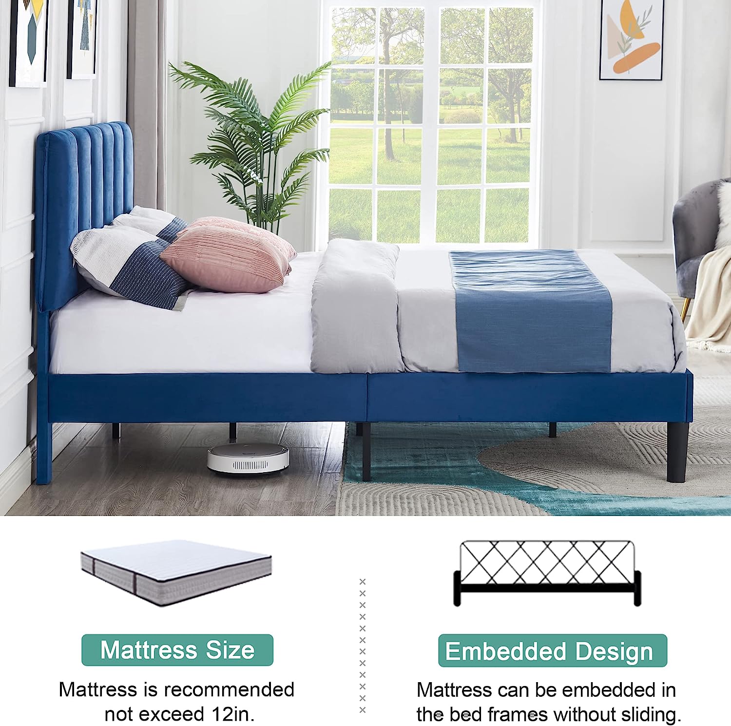 VECELO Modern Upholstered Platform Bedframe, Adjustable Headboard