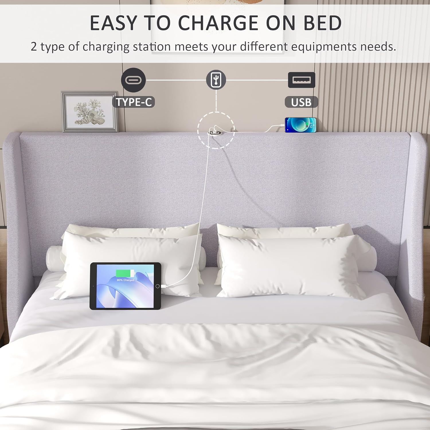 VECELO Bed Frame with Upholstered Wingback Headboard