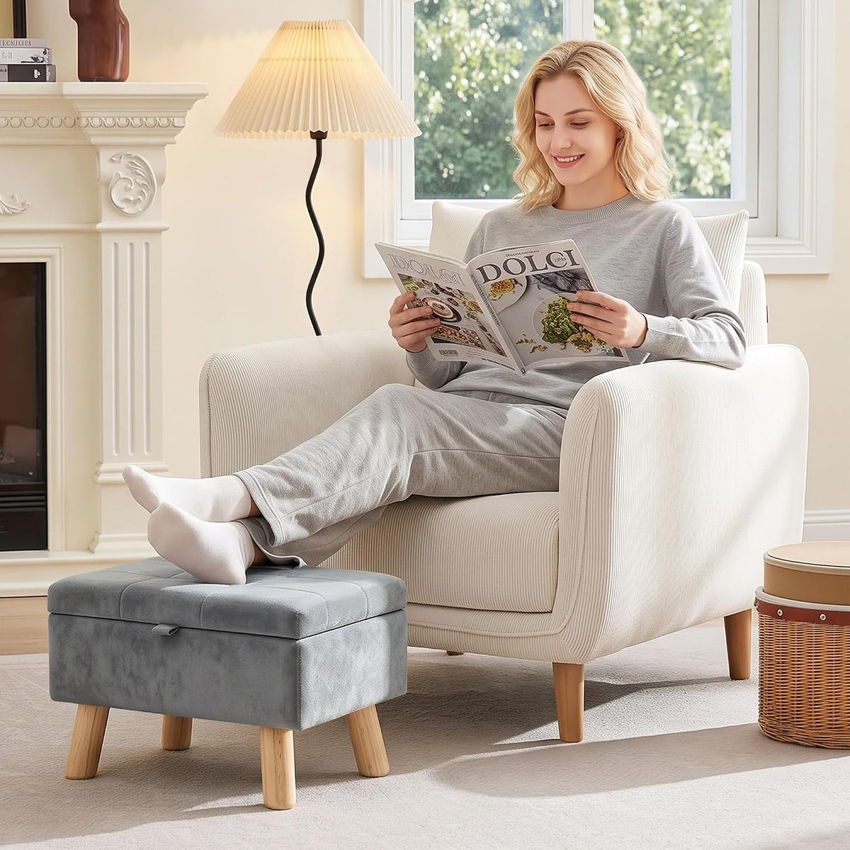 VECELO Storage Ottoman Under Desk Small Foot Stool with Wood Legs
