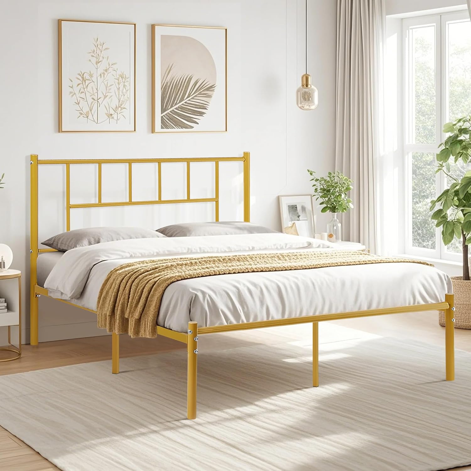 VECELO Bed Frame, 14 Inch Metal Platform with Headboard, Heavy Duty Steel Slat Support - VECELO