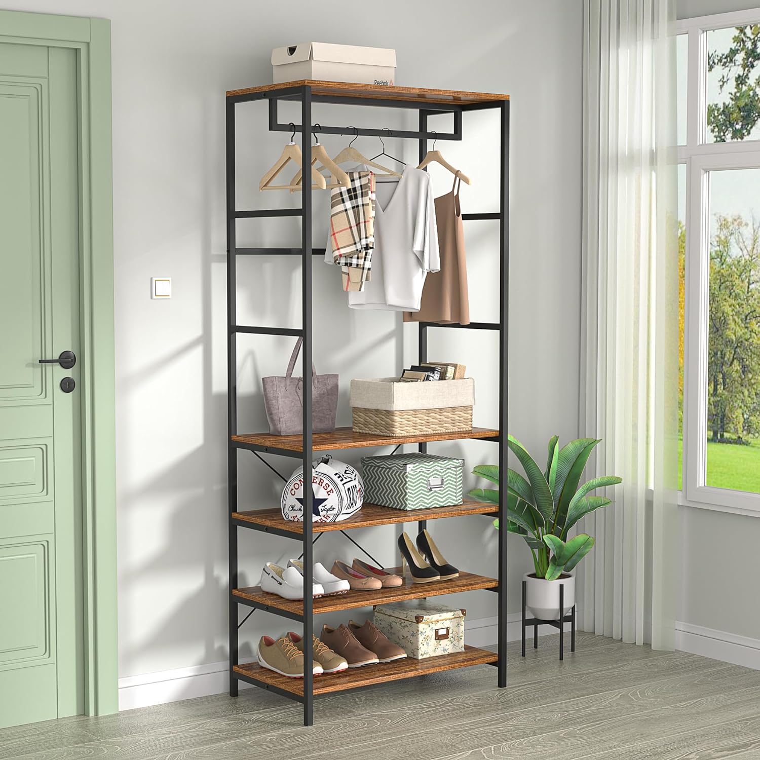 VECELO Coat, Entryway Hall Tree with 4-Tier Shoe Rack and Hanging Rod - VECELO