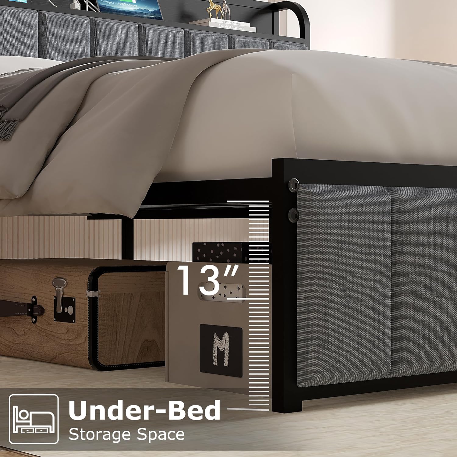 VECELO Twin Bed Frame, Storage Upholstered Headboard with Charging Station