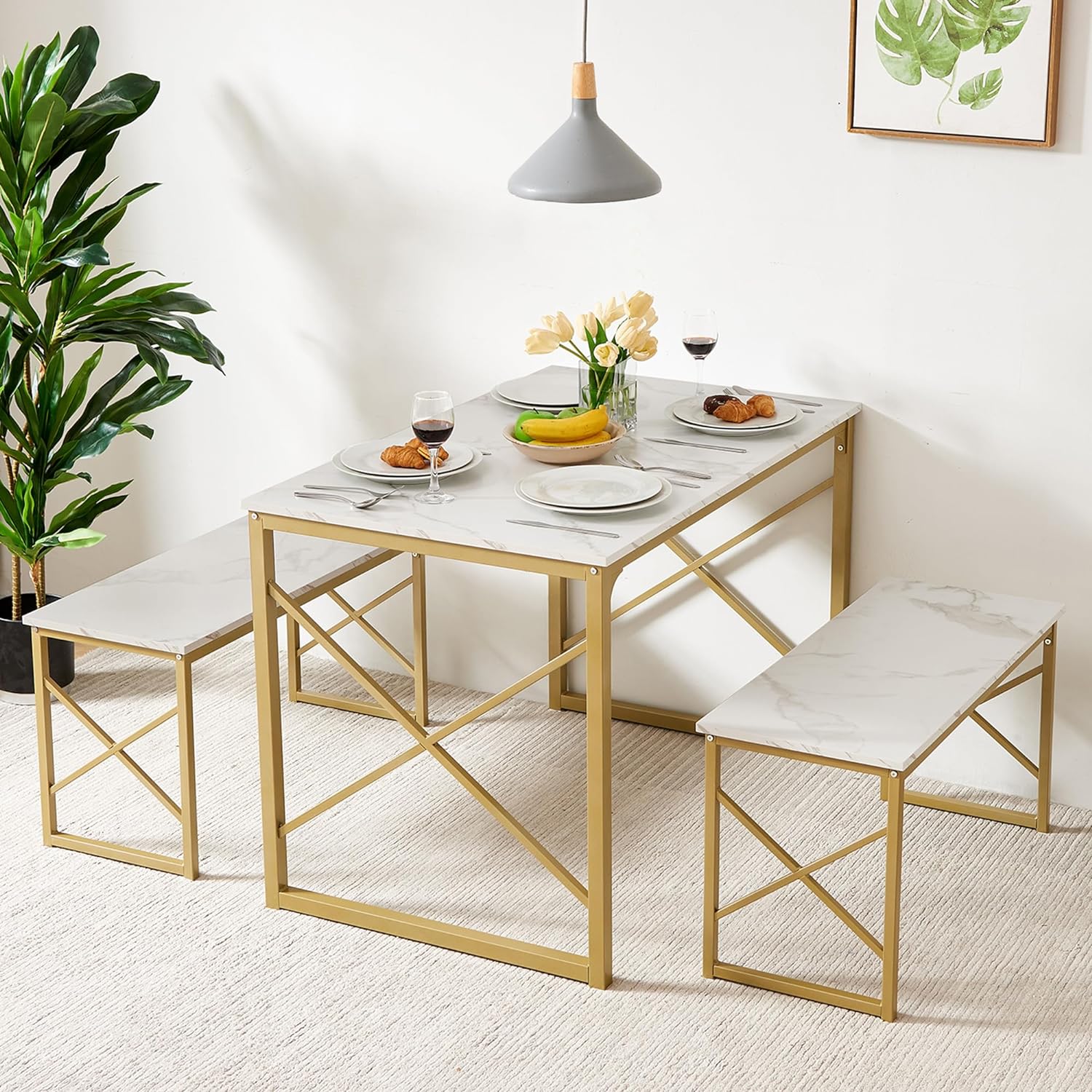 VECELO Kitchen Table with 2 Benches for 4