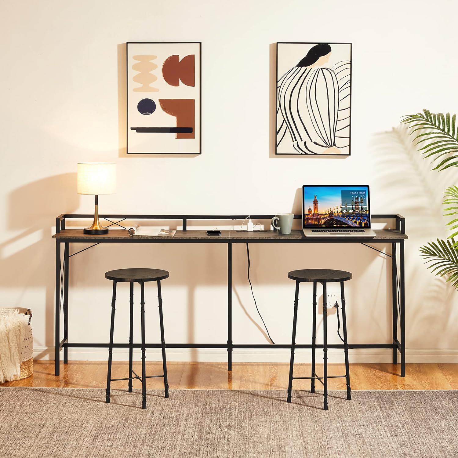 VECELO 55.1" Console Table with 2 Outlet and 2 USB Ports for Couch Side