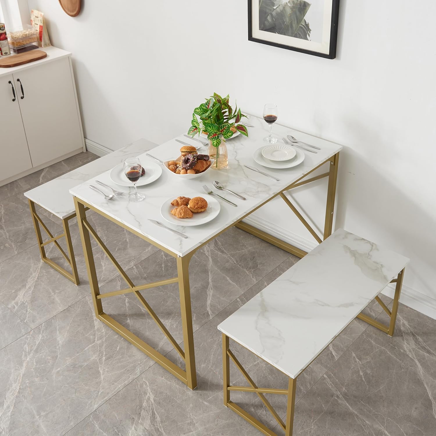 VECELO Kitchen Table with 2 Benches for 4