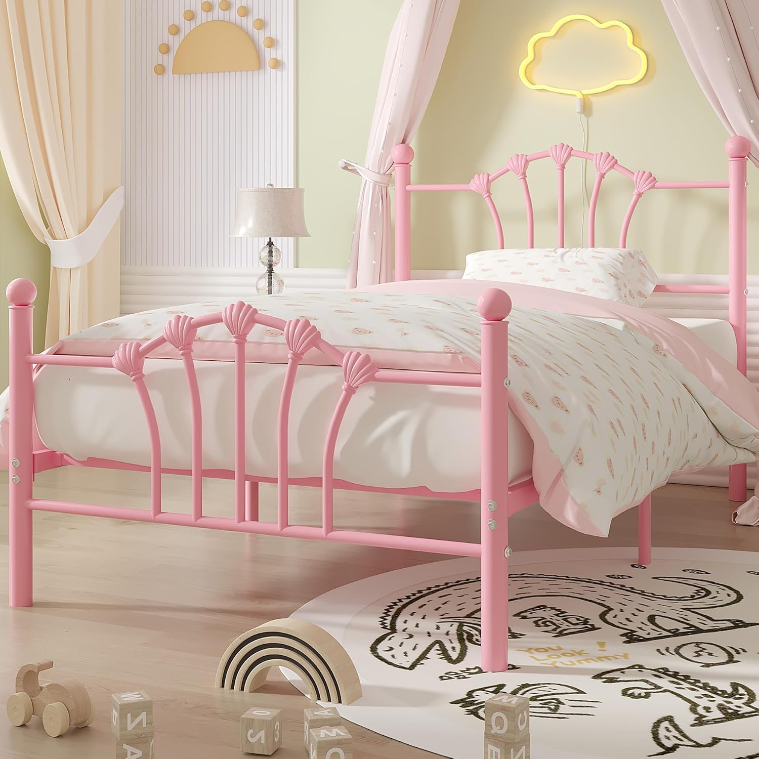 VECELO Twin Size Metal Bed Frame with Shell Headboard and Footboard