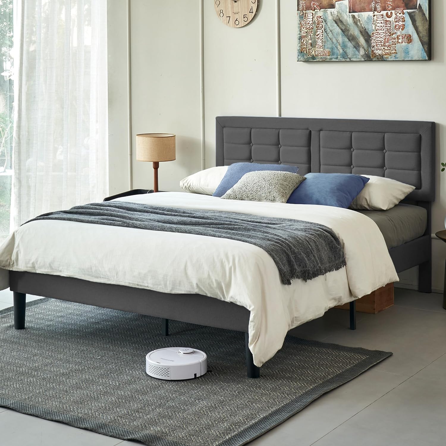 VECELO Upholstered Platform Bed Frame with Height Adjustable Headboard