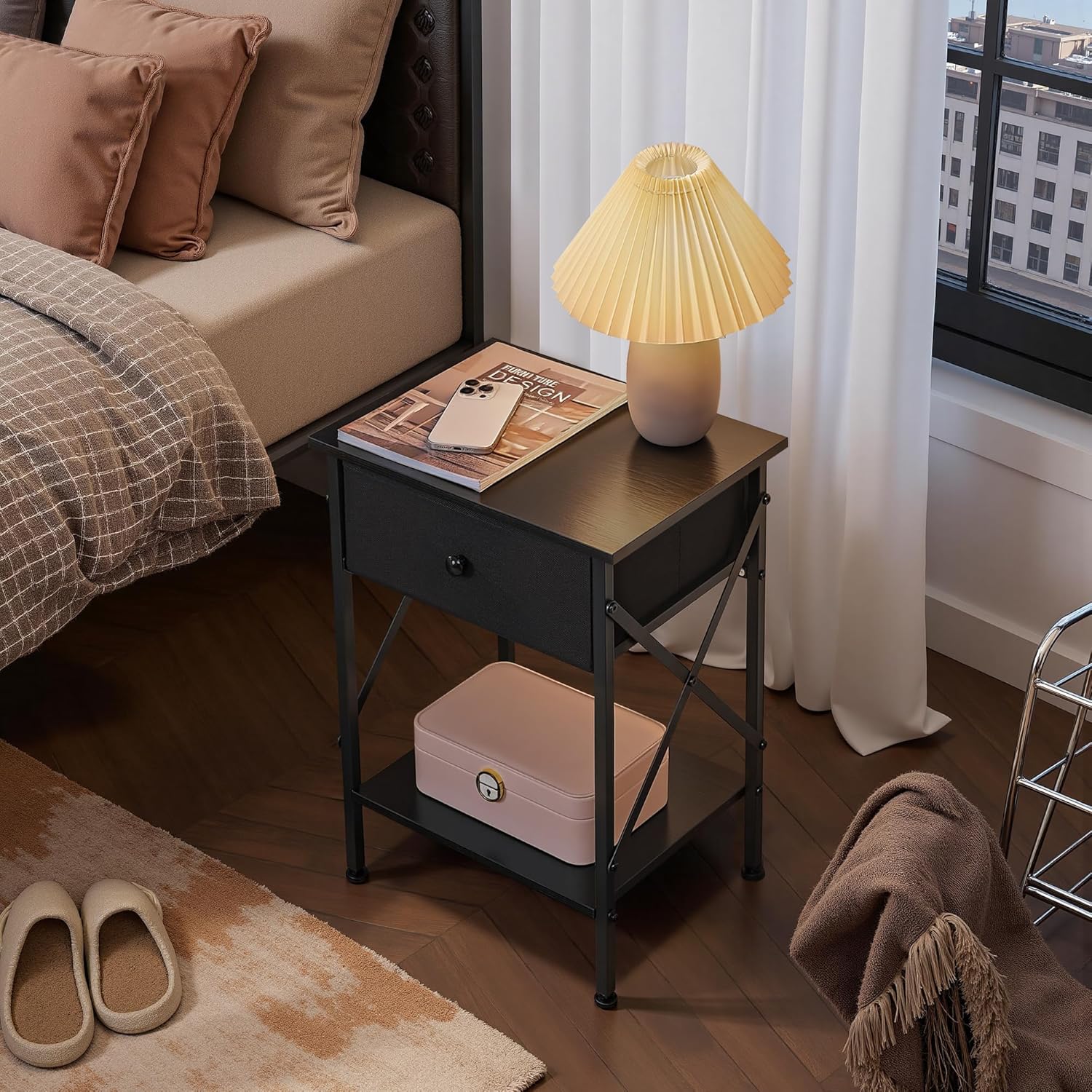 VECELO Nightstand Set of 2, X-Design End Side Table with Fabric Storage Drawer and Open Shelf