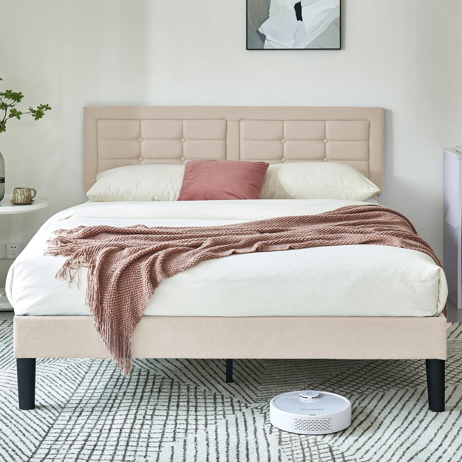 VECELO Upholstered Platform Bed Frame with Height Adjustable Headboard