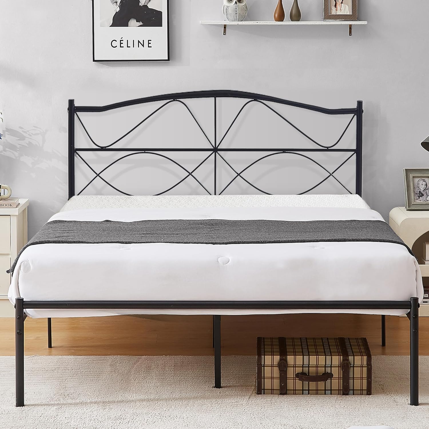 VECELO Bed Frame, Metal Bed Platform with Headboard