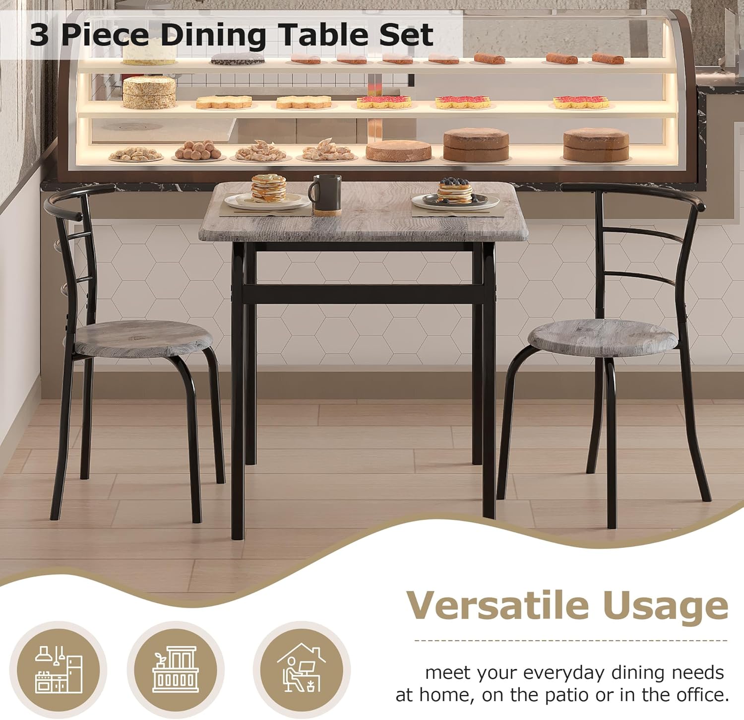 VECELO 3 Piece Dining Table & Chairs Set for 2