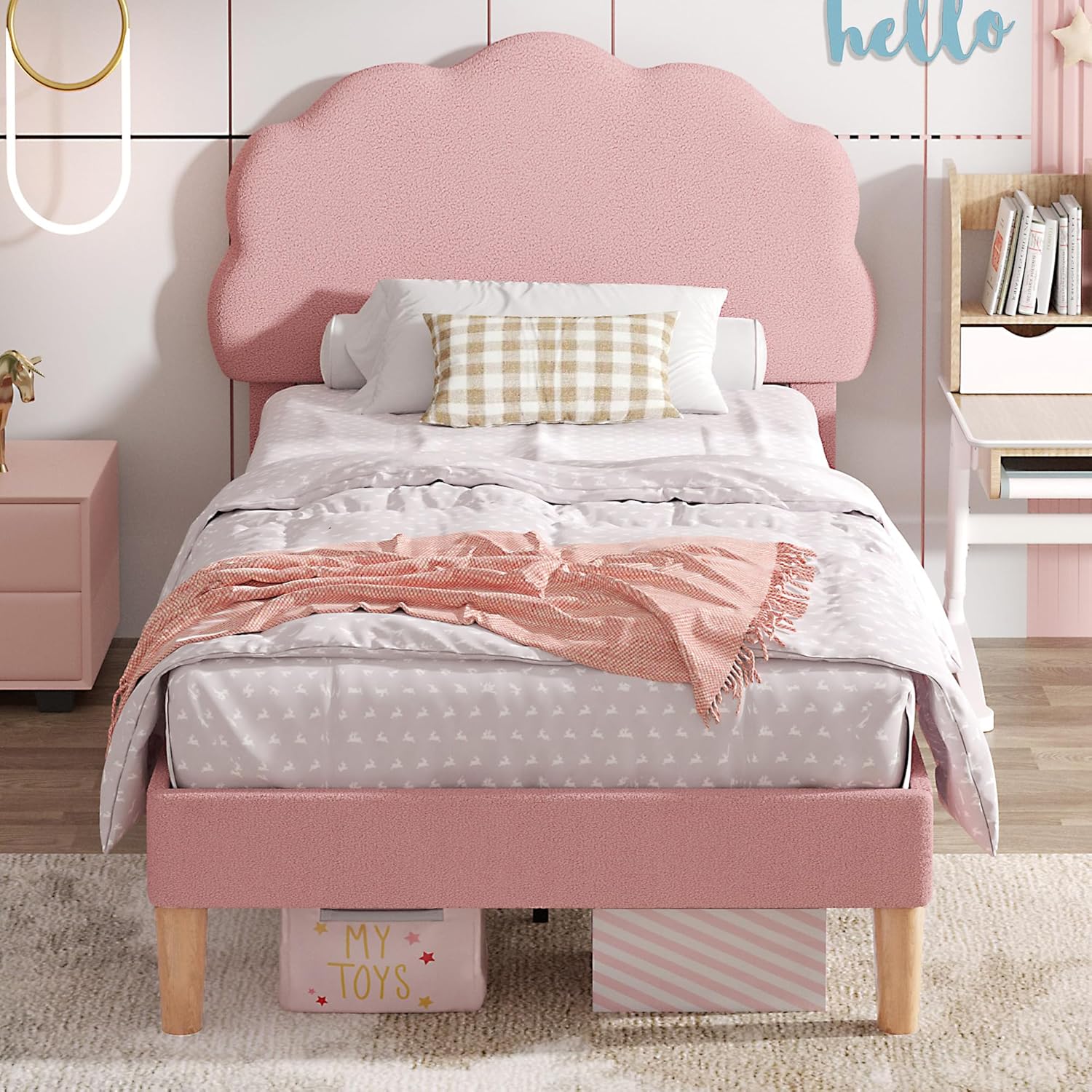 VECELO Twin Size Bed Frame, Upholstered Platform Bedframe with Height Adjustable Plush Fabric Headboard