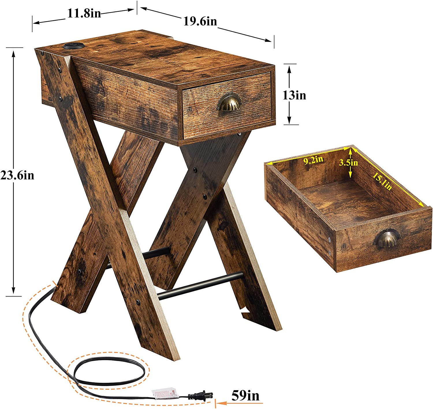 VECELO End Side Table with Charging Station Narrow Nightstand with Drawer& USB Ports