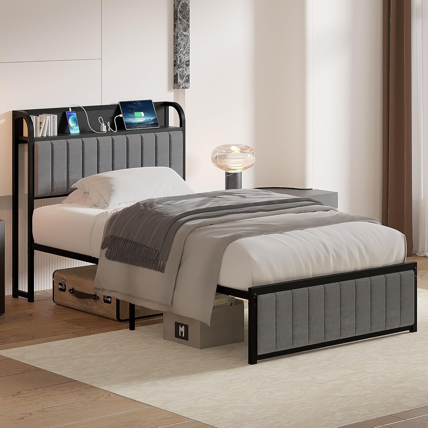 VECELO Twin Bed Frame, Storage Upholstered Headboard with Charging Station