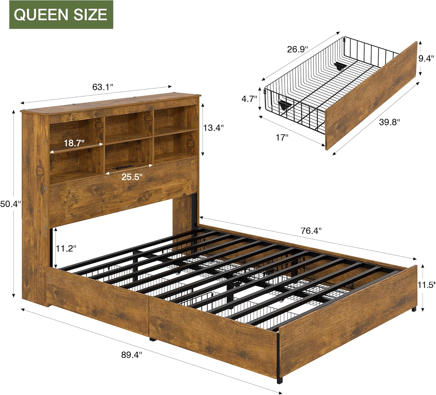VECELO Queen Size Bed Frame with 50" Tall Storage Bookcase Headboard