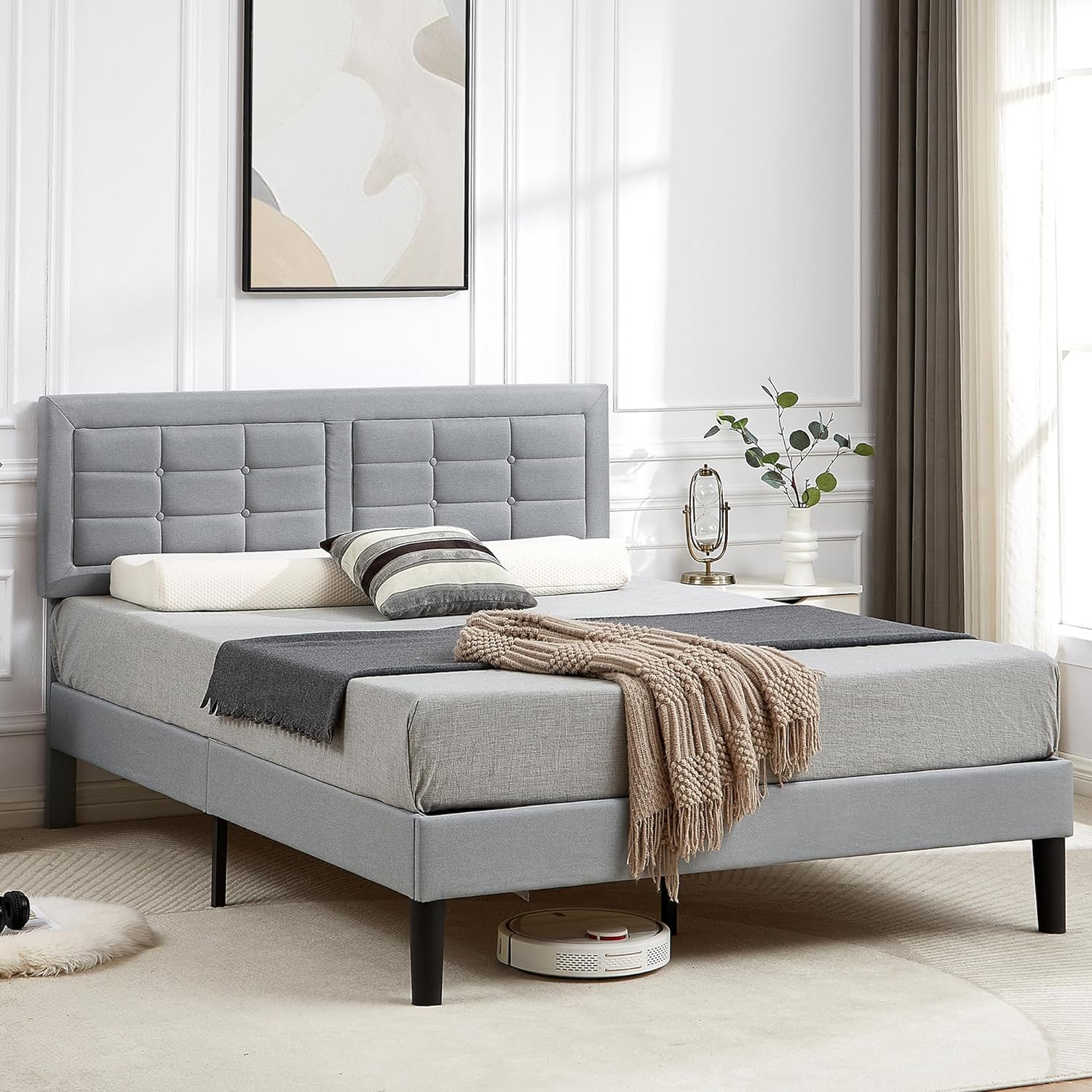 VECELO Upholstered Platform Bed Frame with Height Adjustable Headboard