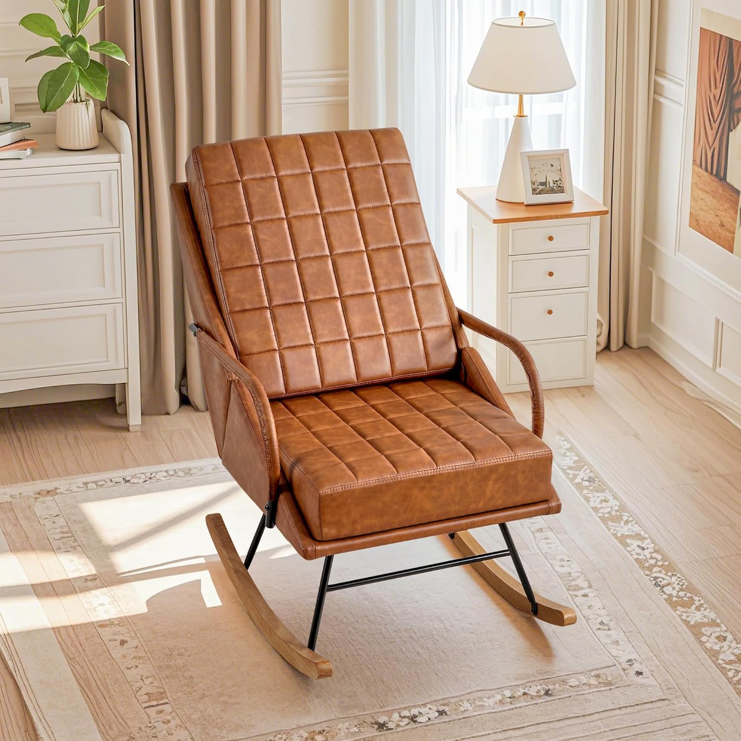 VECELO Rocking Chair Nursery Leather Glider Rocker with High Backrest