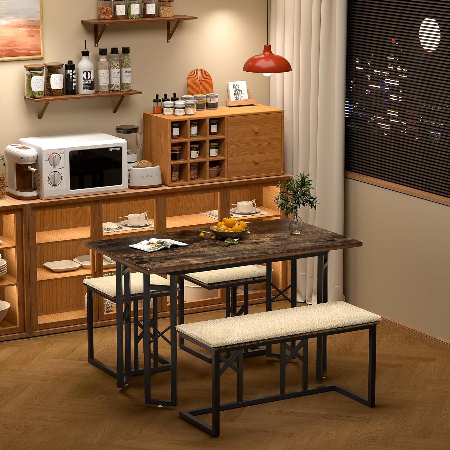 VECELO 43.3" Farmhouse Room Sets for 4 with 3 Benches Wicker-Knot Cushions - VECELO