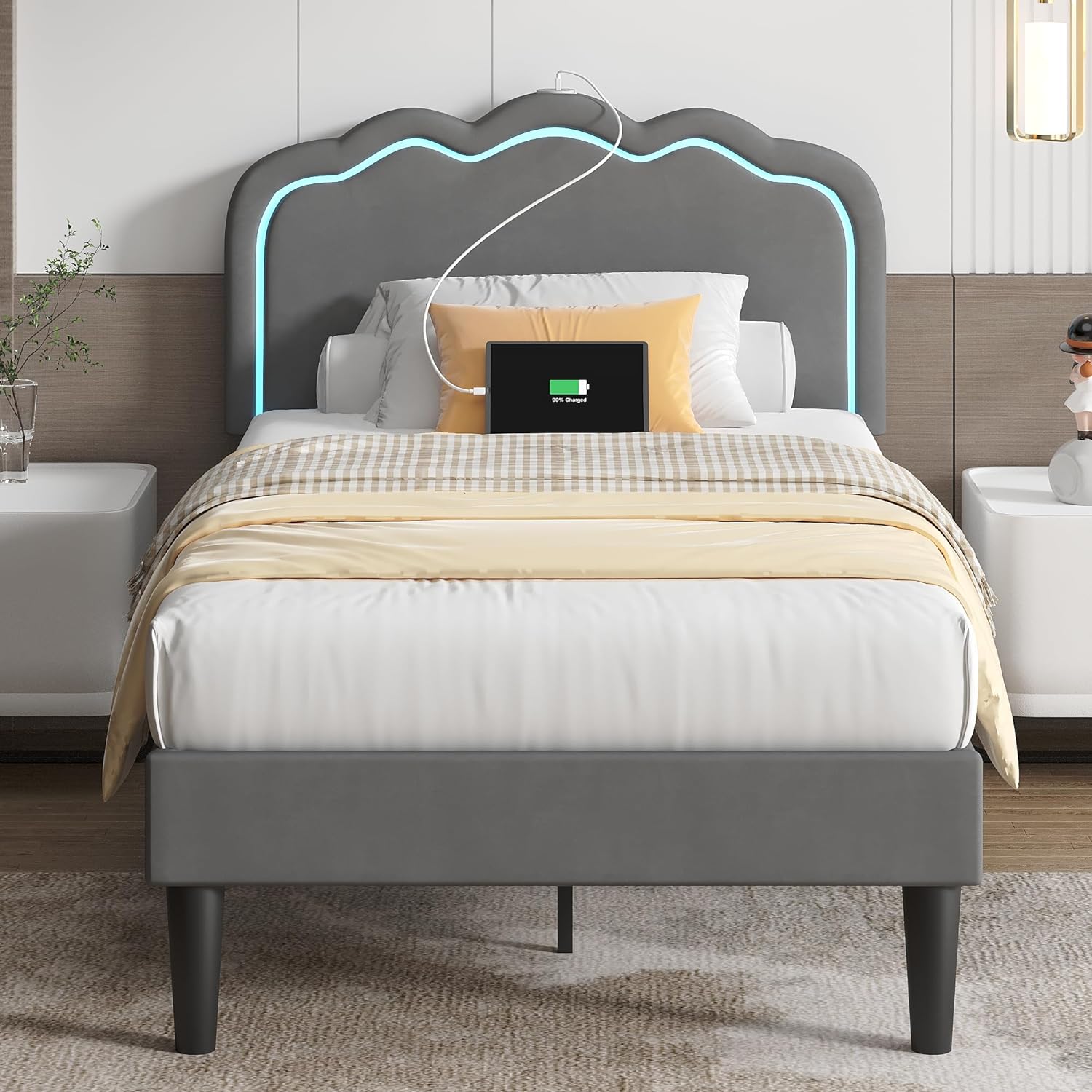 VECELO Upholstered Velvet Platform Bed Frame with Headboard Adjustable, LED Lights, USB-A & Type-C
