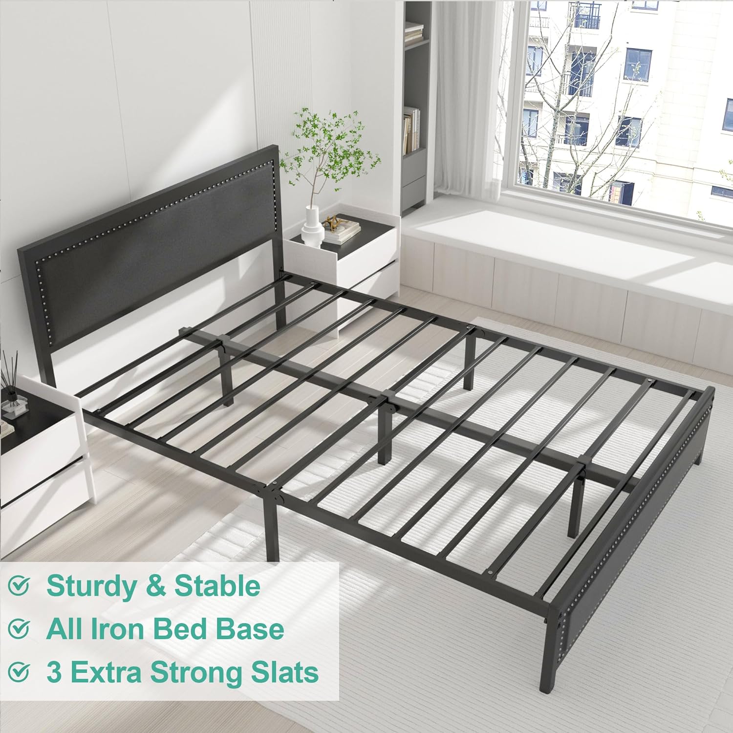 VECELO Bed Frame with Linen Fabric Headboard and Footboard No Box Spring Needed - VECELO