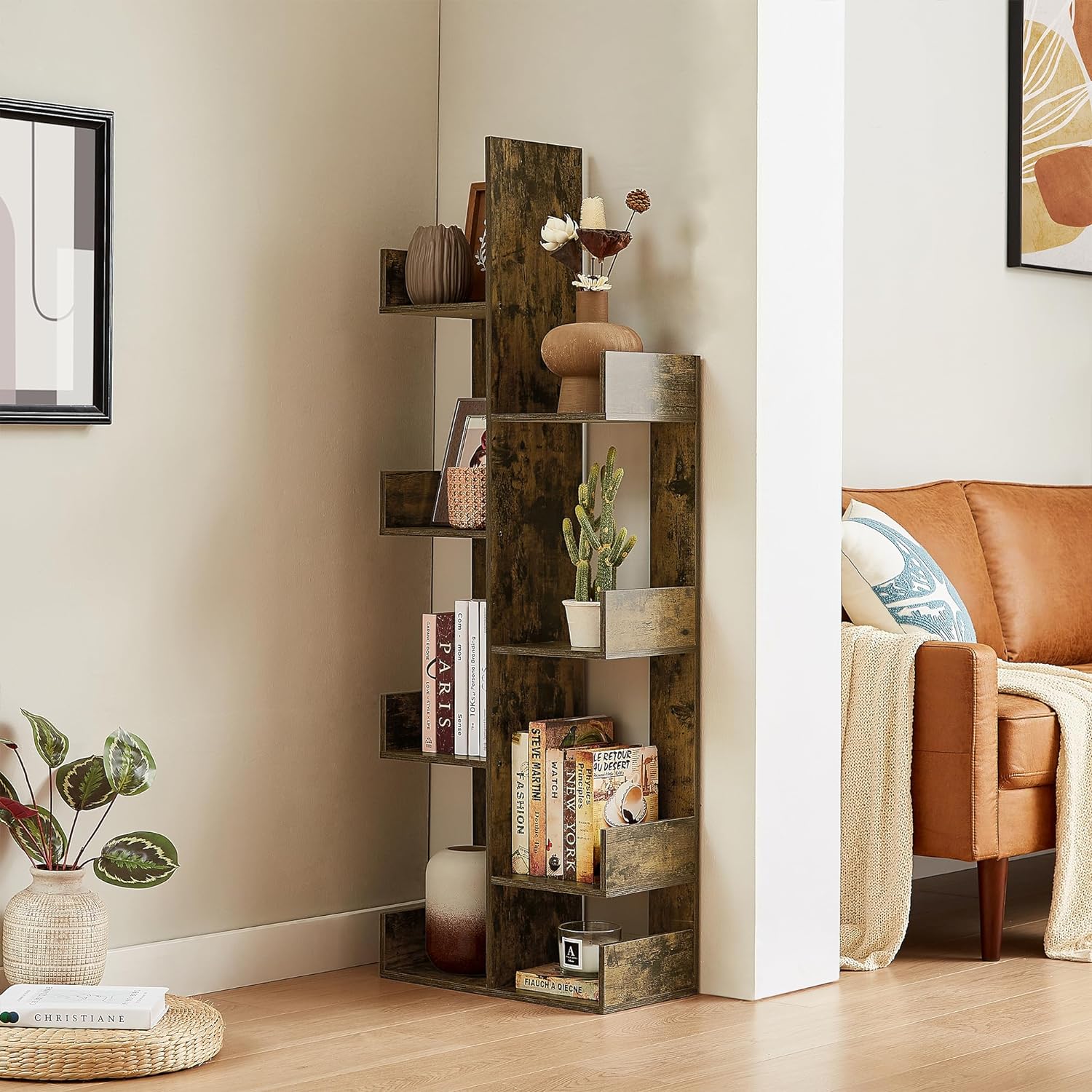 VECELO Tree Bookshelf, Geometric 8 Shelf Tree Bookcase Wood Bookshelves Display