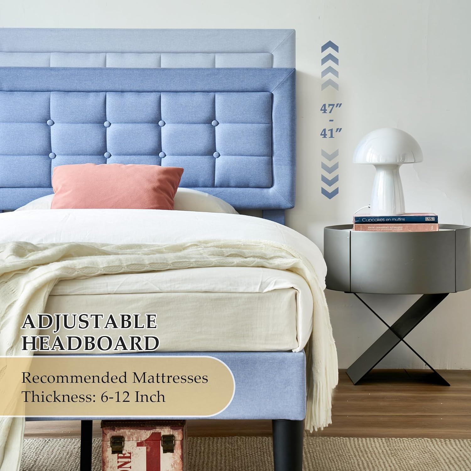 VECELO Upholstered Platform Bed Frame with Height Adjustable Headboard