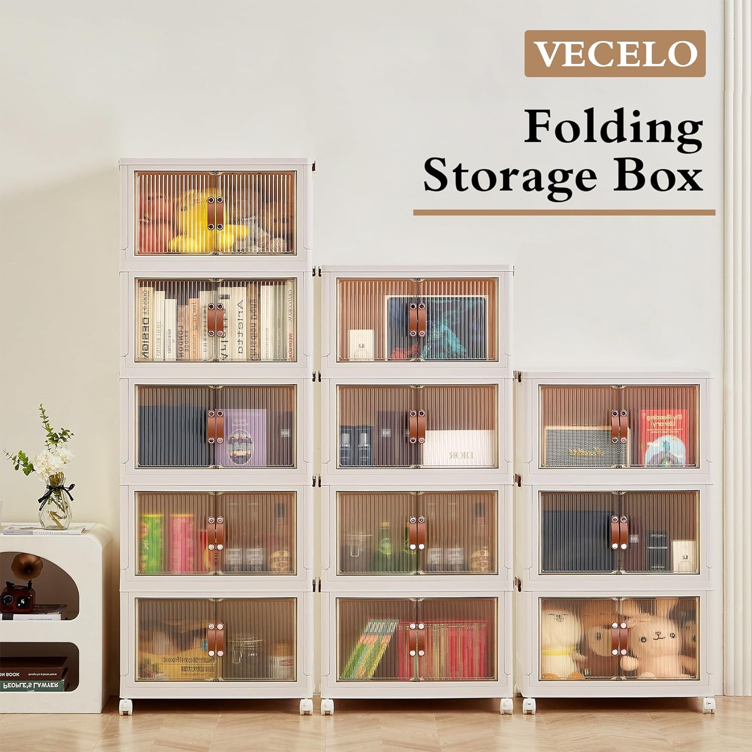 VECELO 16 Gal Stackable Storage Bins with Lid,Plastic Collapsible Storage Cabinet - VECELO