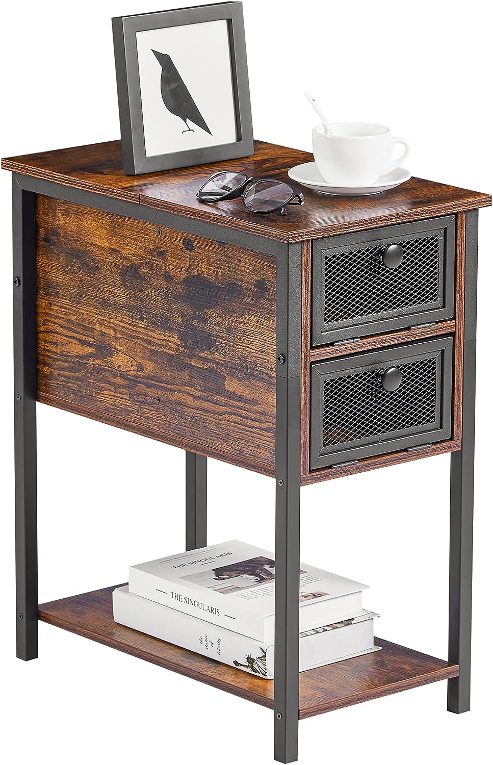 VECELO 24''Tall Flip Top Narrow Side Table with Storage Shelf for Living Room - VECELO