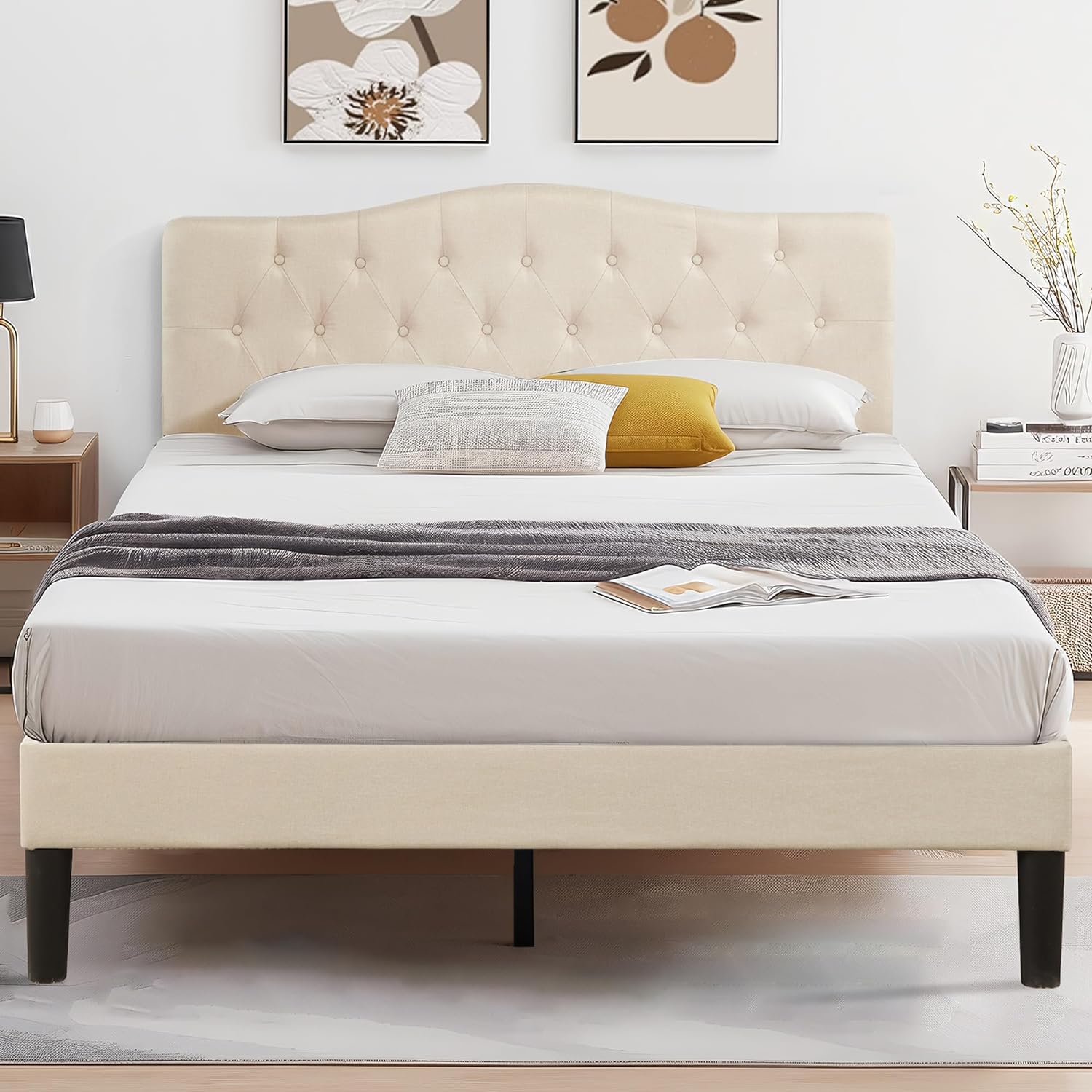 VECELO Classic Upholstered Platform Bed Frame with Diamond Stitched Cloth