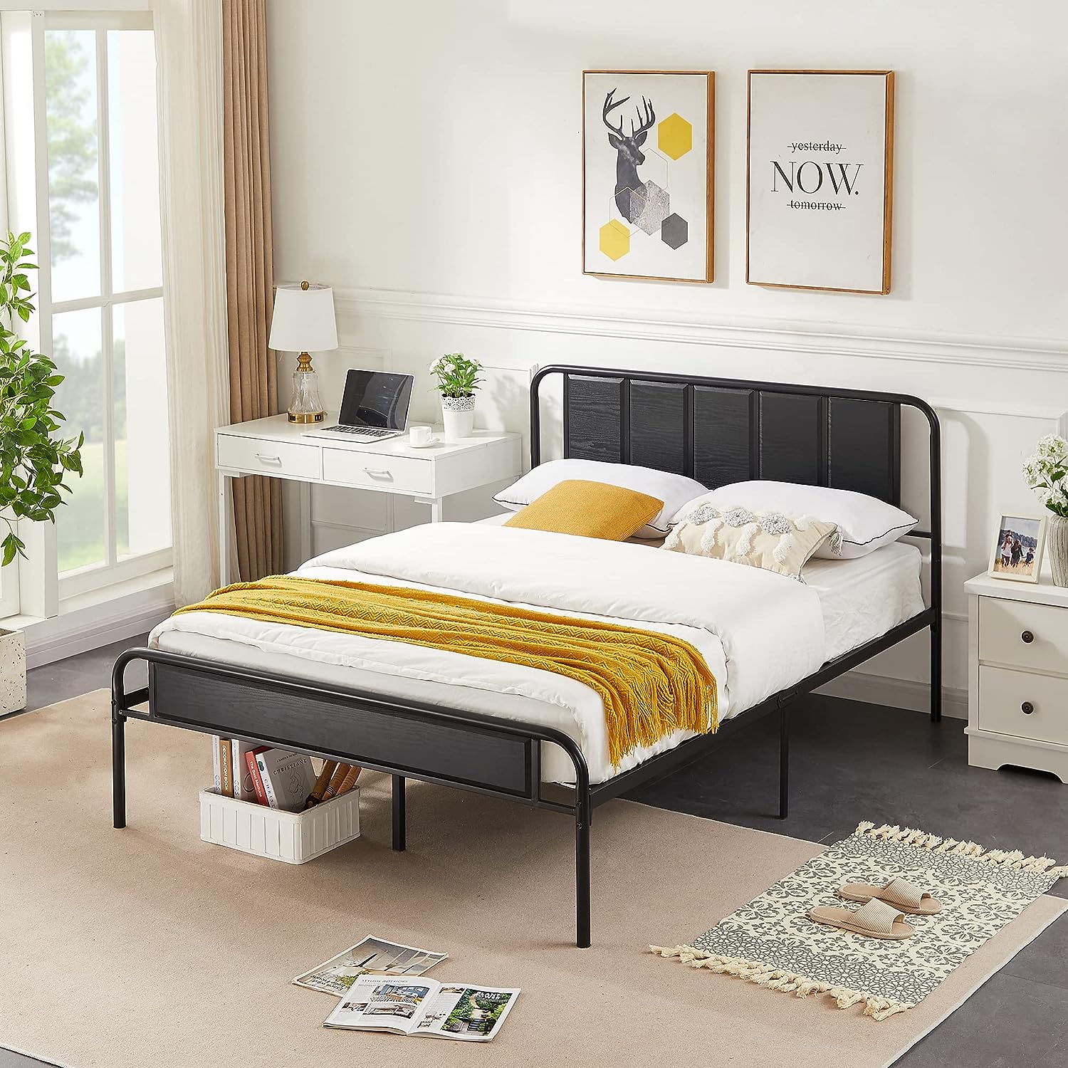 VECELO Bed Frame Metal Platform with Wooden Headboard Footboard Heavy Duty Mattress Foundation - VECELO