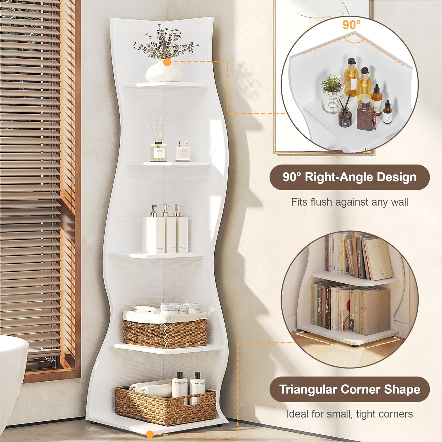 VECELO Wavy Corner Shelf, Decorative 5-Tier Storage Bookshelf
