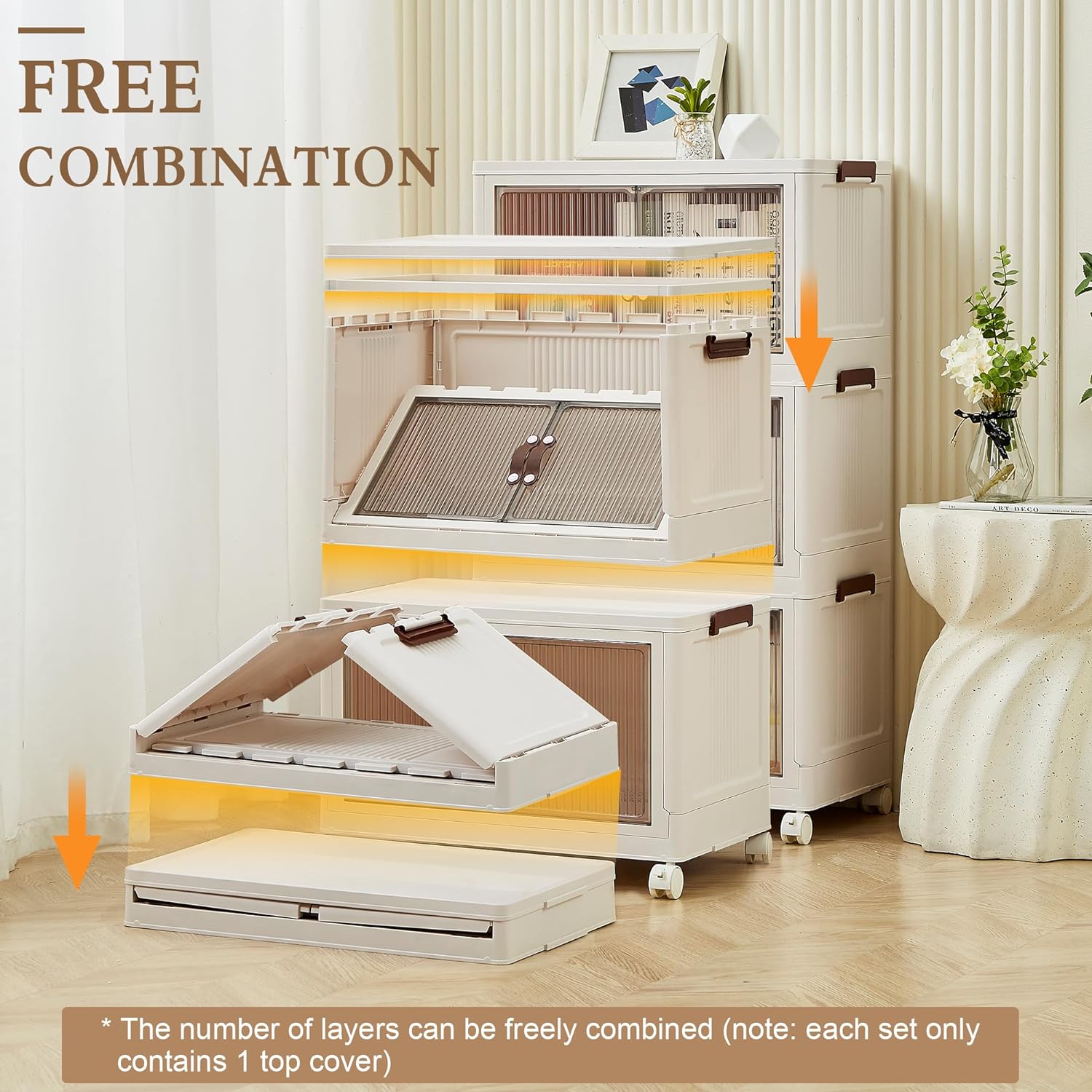 VECELO 16 Gal Stackable Storage Bins with Lid,Plastic Collapsible Storage Cabinet - VECELO