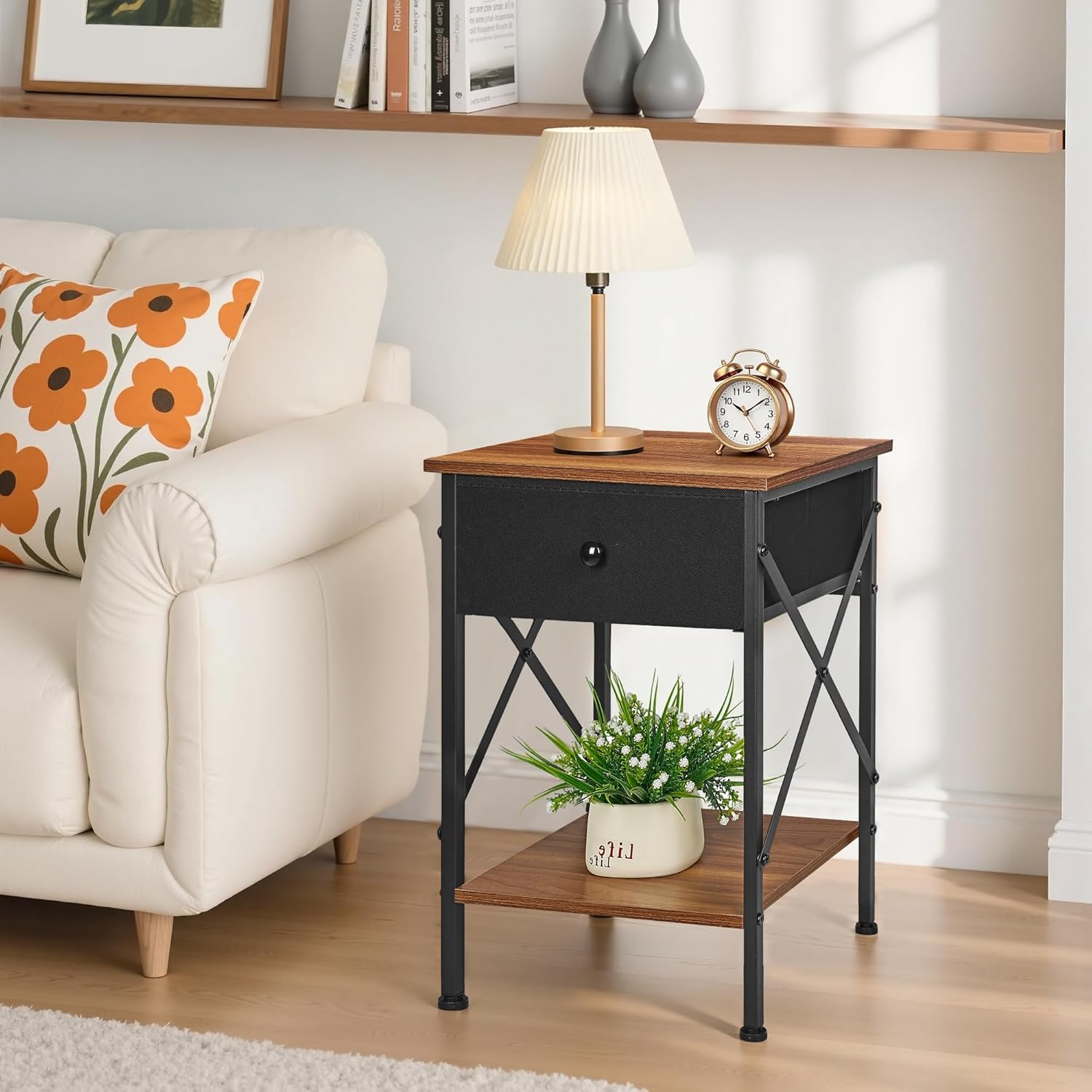 VECELO Nightstand Set of 2, X-Design End Side Table with Fabric Storage Drawer and Open Shelf