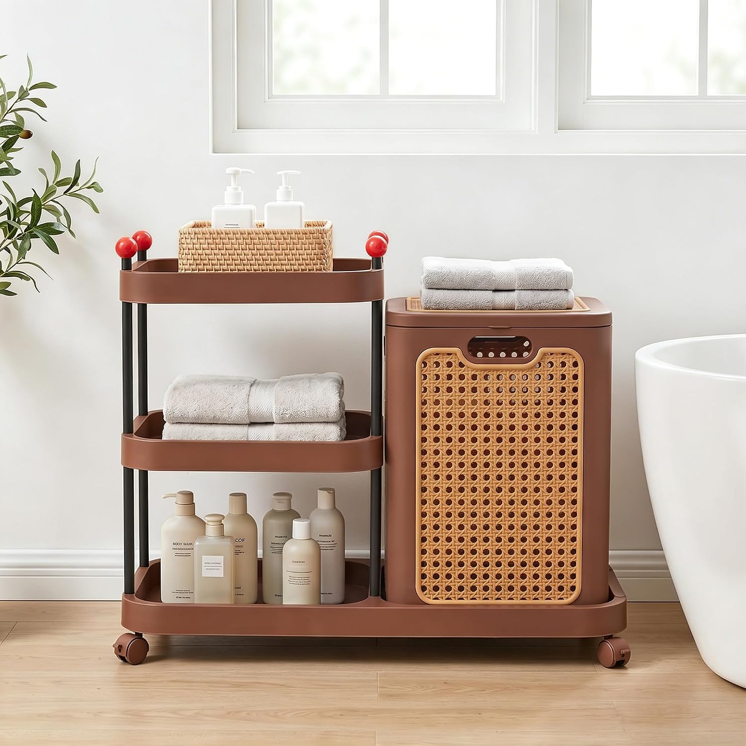 VECELO Rattan-Style Rolling Laundry Hamper Cart