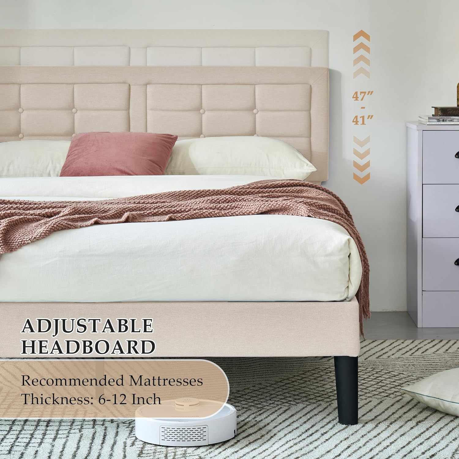 VECELO Upholstered Platform Bed Frame with Height Adjustable Headboard