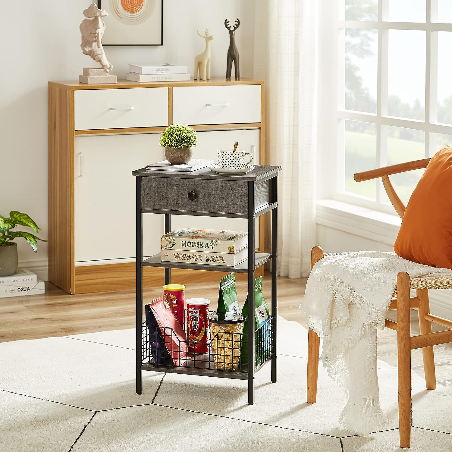 VECELO Tall Side End Tables/3-Tier Bedside Stand with Storage