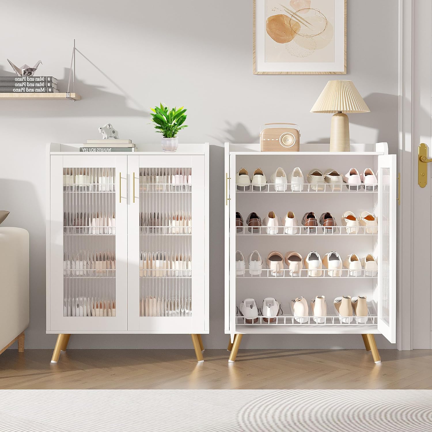 VECELO 4-Tier Shoe Storage Cabinet with Glass Doors and Shelves - VECELO