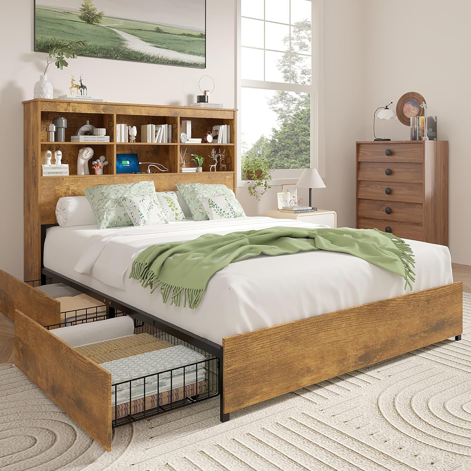 VECELO Queen Size Bed Frame with 50" Tall Storage Bookcase Headboard