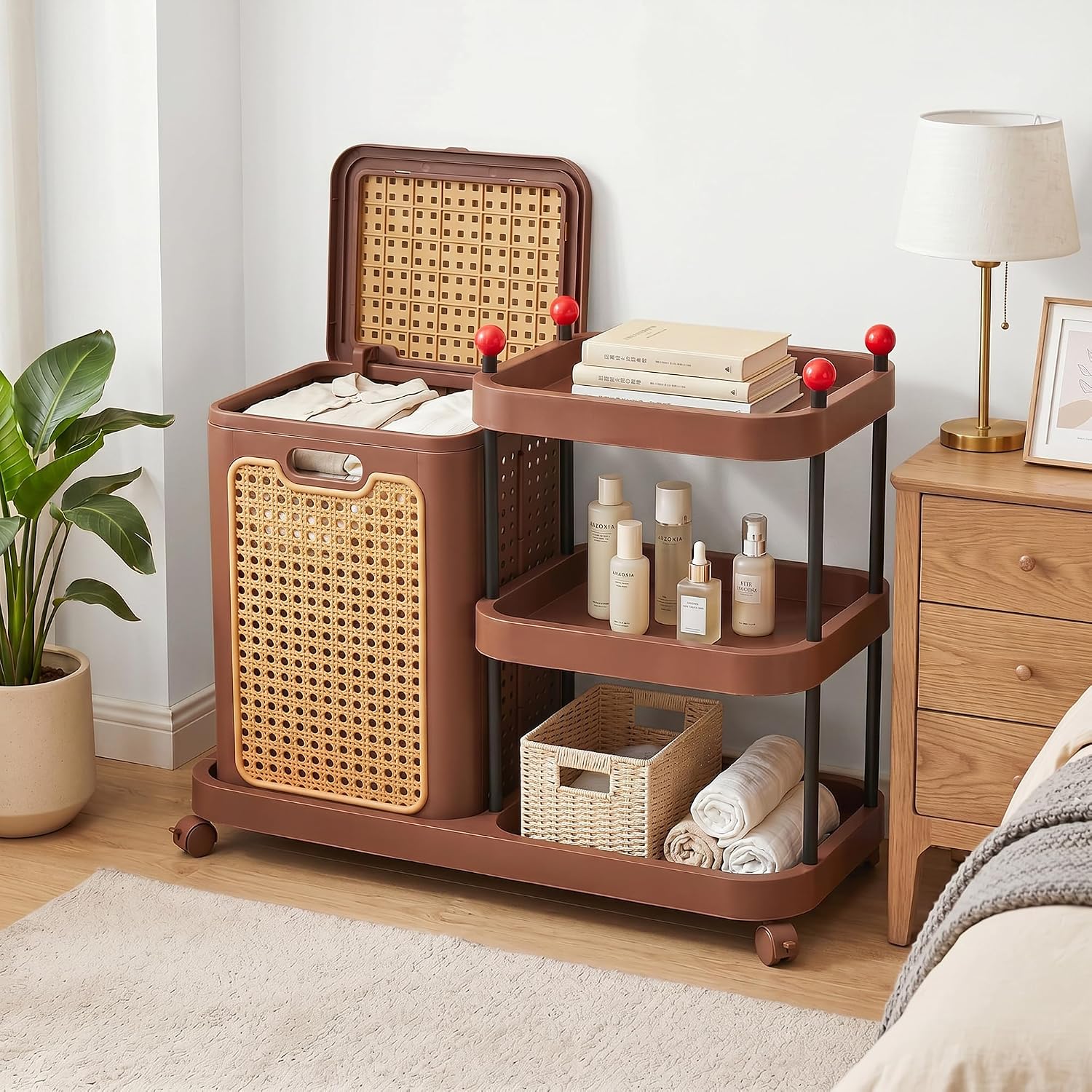 VECELO Rattan-Style Rolling Laundry Hamper Cart