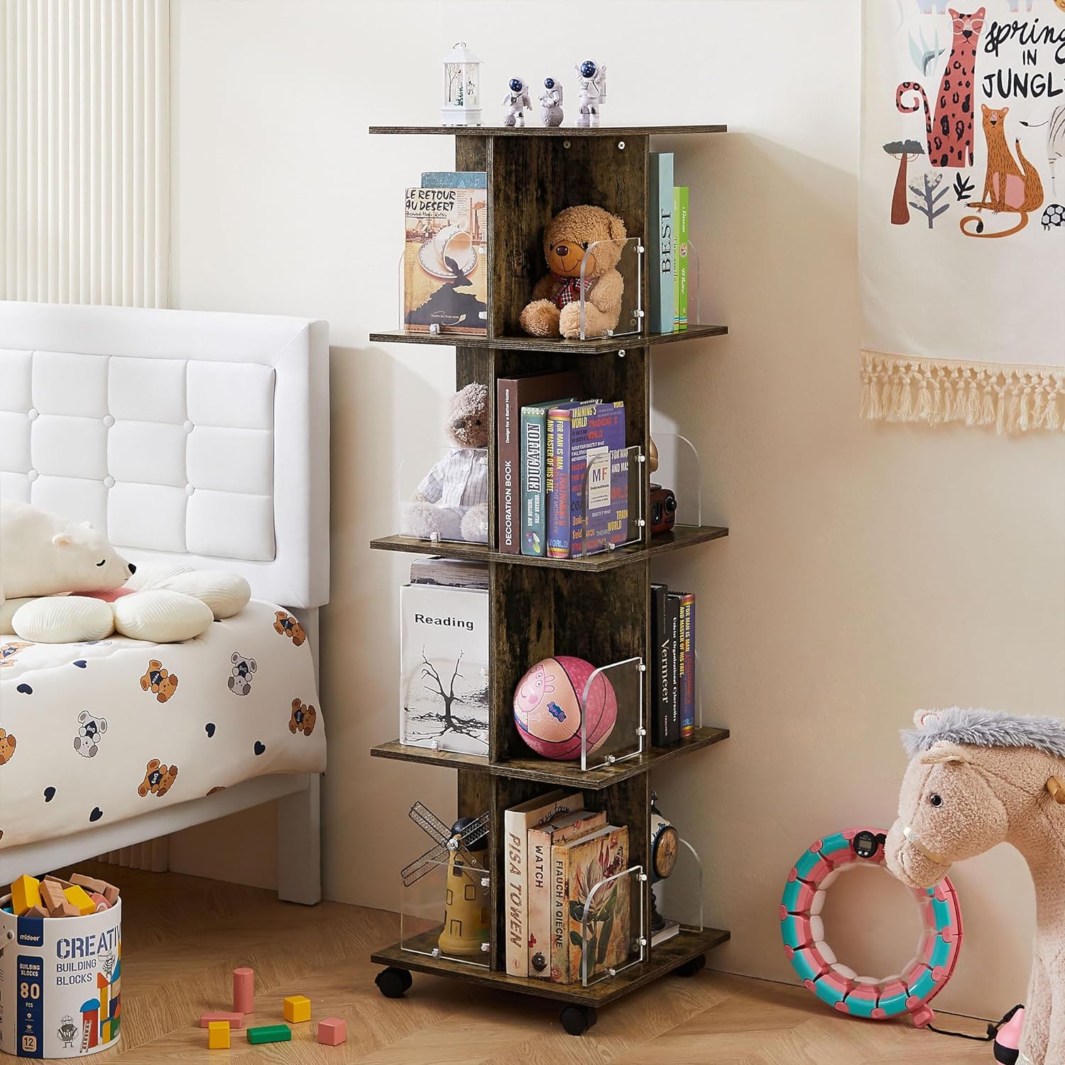 VECELO 4 Tier Rotating Bookshelf Tower,360° Corner Display Shelf with Wheels - VECELO