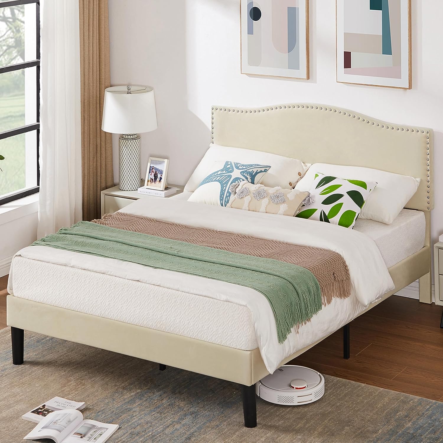 VECELO Bed Frame Platform with Upholstered Headboard & Wooden Slats Support - VECELO
