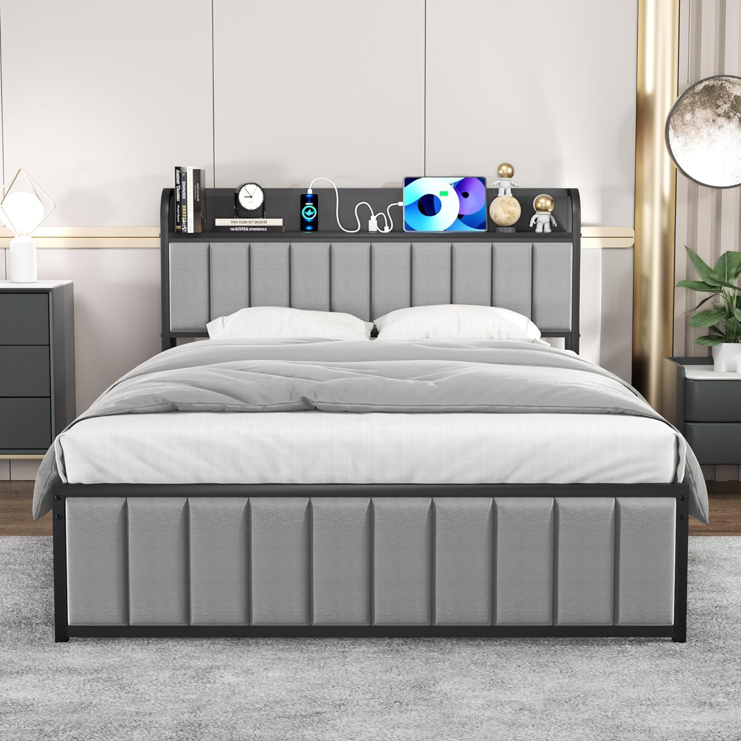 VECELO Bed Frame with Storage, Upholstered Platform Bedframe with Head